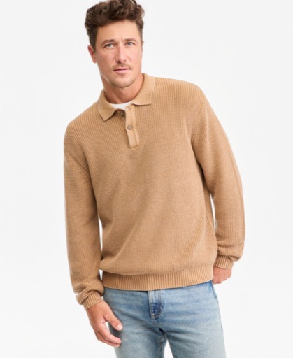 Sun + Stone Acid-Washed Long-Sleeve Cotton Polo Sweater